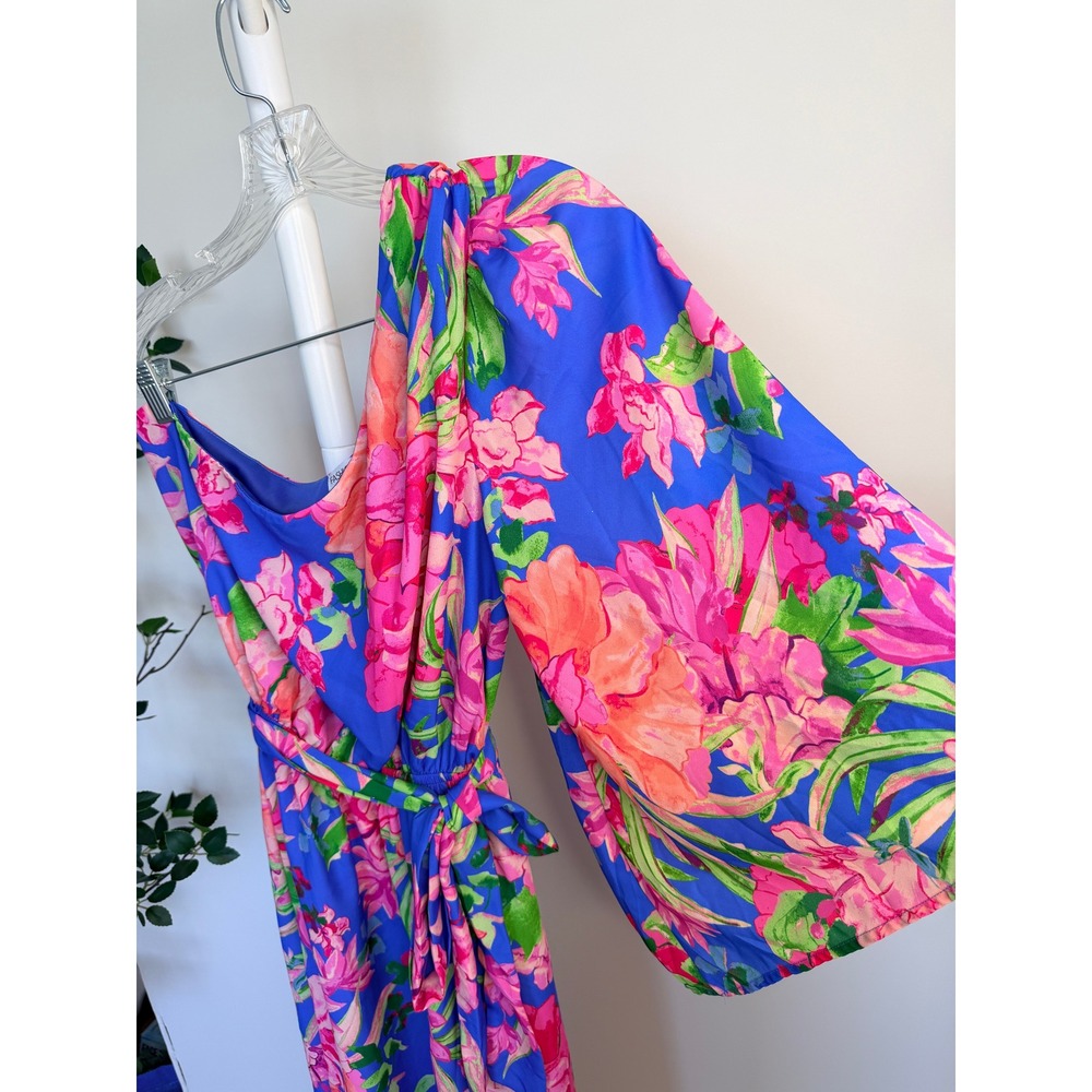 Fashion Nova One Shoulder Maxi Dress Blue Pink Floral Kimono Sleeve Tropical L - Picture 6 of 6